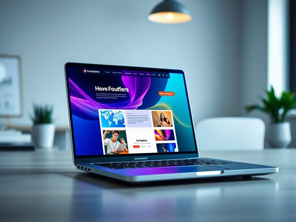 A sleek, minimalistic website on a laptop screen with smooth animations and international flags in the background, representing global reach.