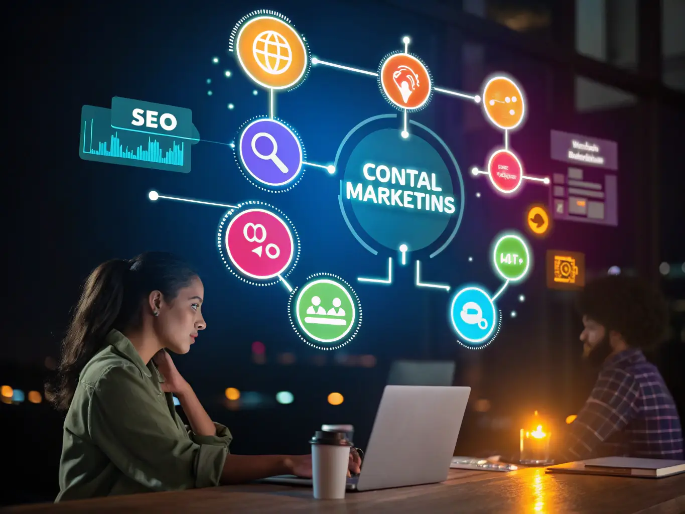 A visual representation of various growth strategies, including SEO optimization, social media marketing, content creation, and email marketing, all working together to drive business growth.