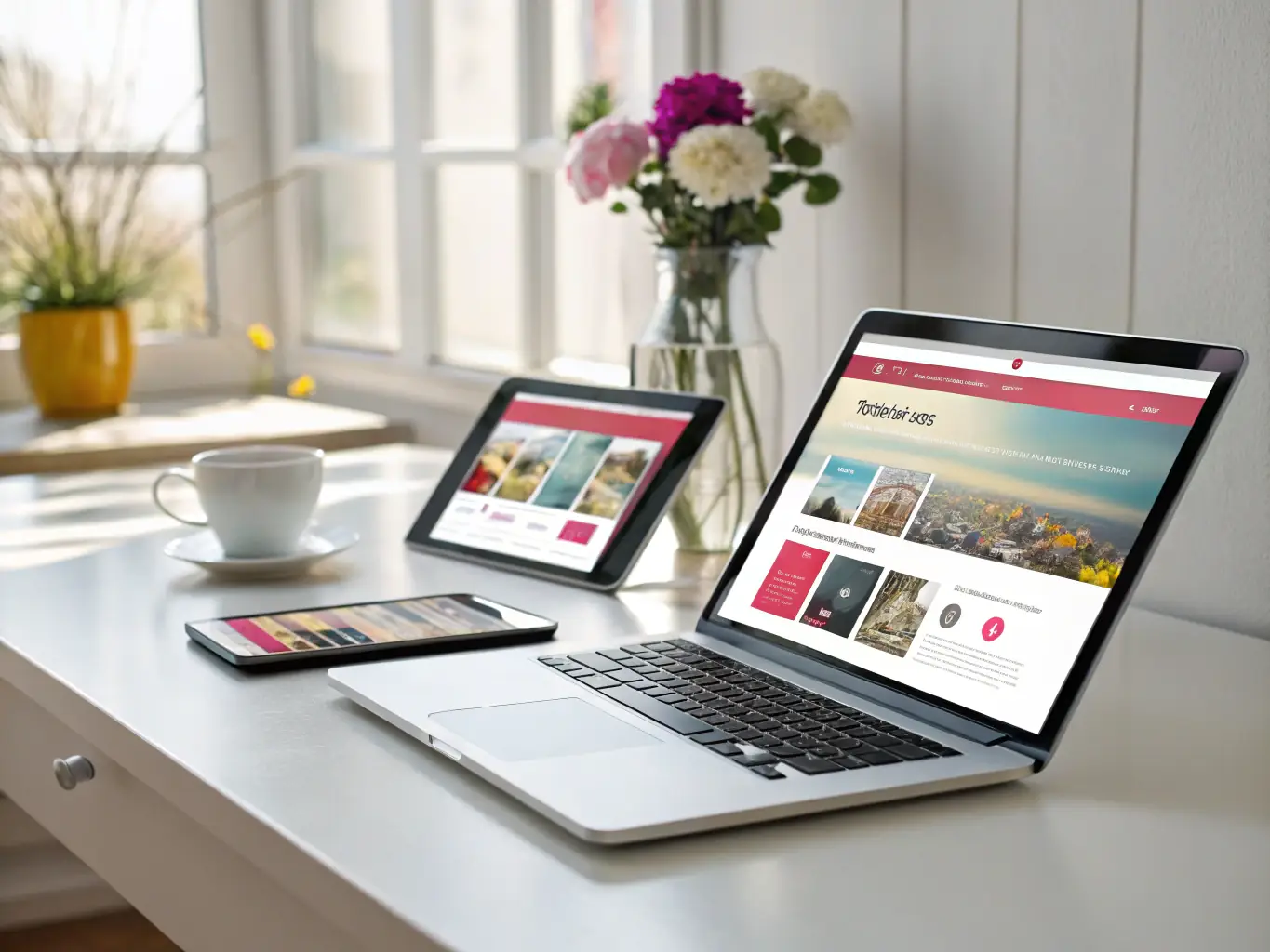 A sleek, modern website design displayed on multiple devices (desktop, tablet, mobile), highlighting responsive design and user-friendly navigation.